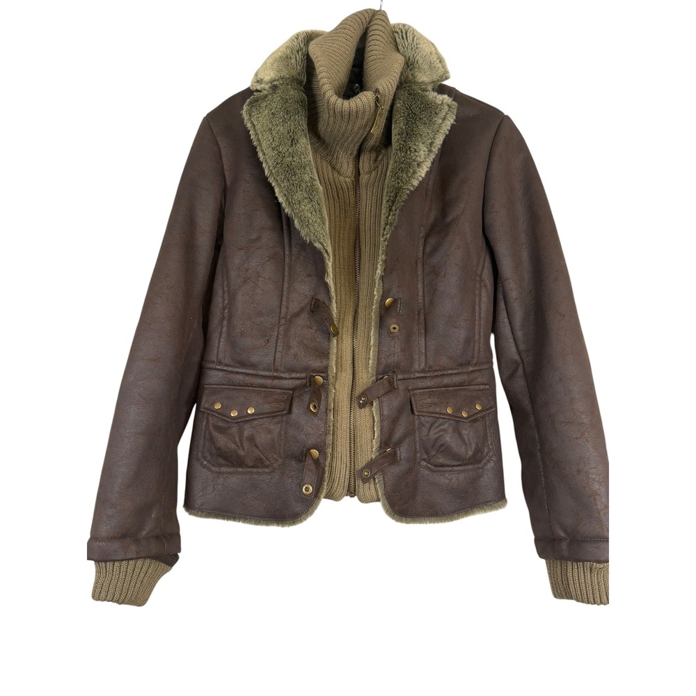 Brown Faux Leather Jacket with Ribbed Knit Insert and Faux Fur Lining